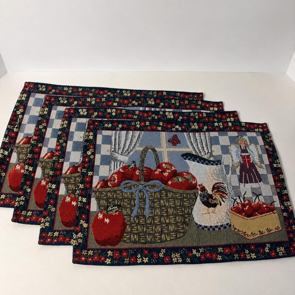 Vintage Country Farmhouse Woven Tapestry Placemats Set of 4 Rooster Apple Angel